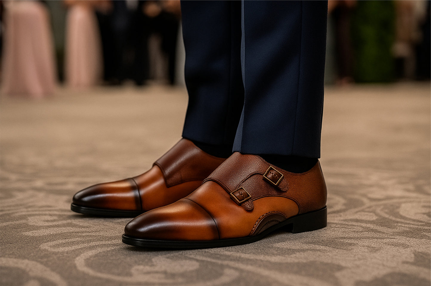 Tan Textured Leather Double Strap Formal Monk Shoes