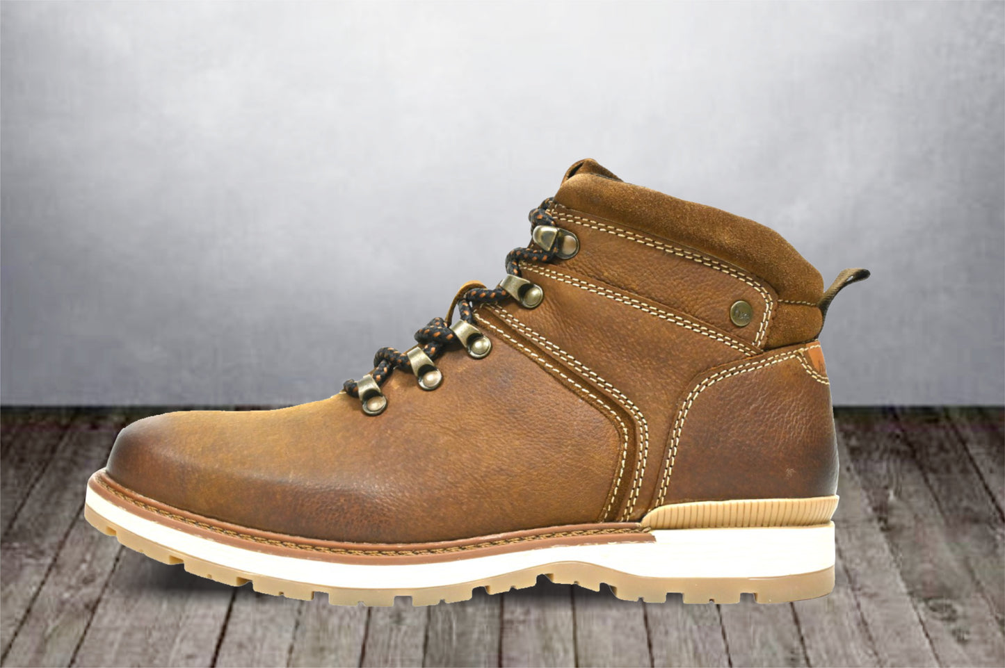 Tan Leather Round Toe Mid Top Lace-Up Boots