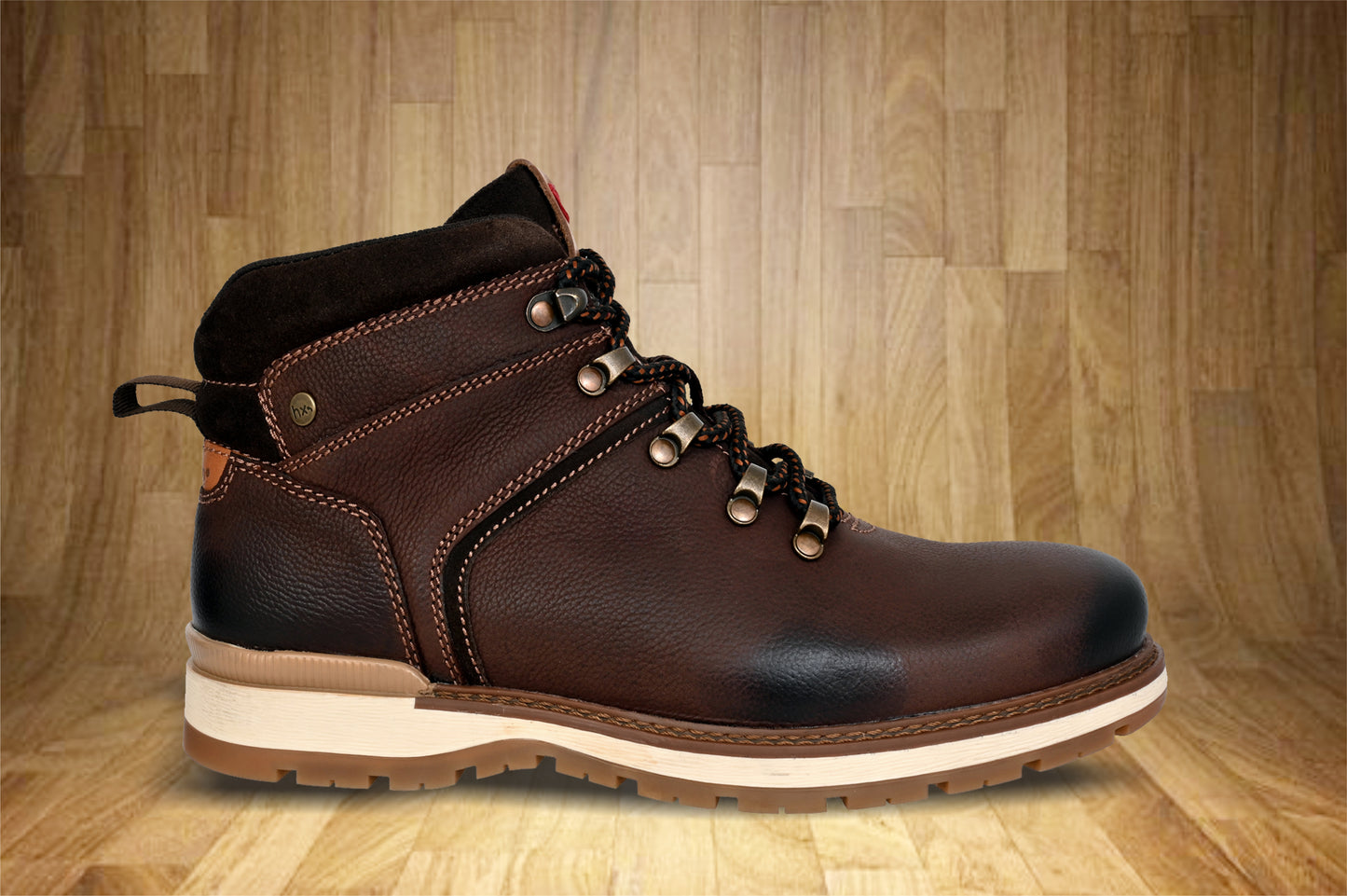 Brown Leather Round Toe Mid Top Lace-Up Boots