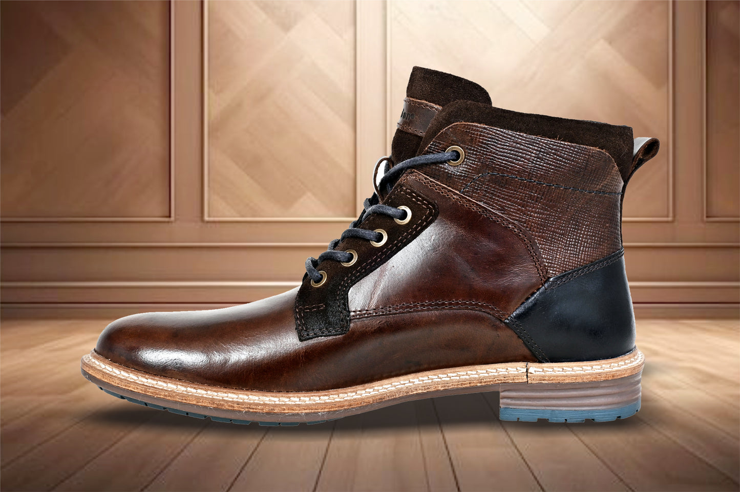 Brown Leather Textured Mid Top Biker Boots
