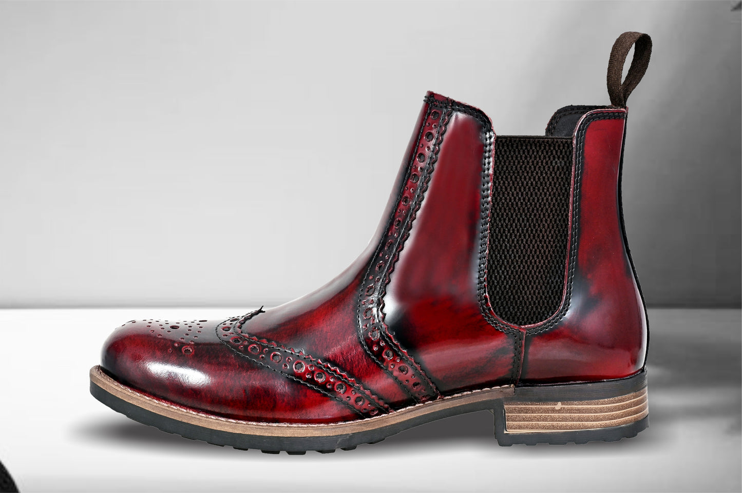 Burgundy Genuine Leather Men's brogue Chelsea Boots For Casual & Party Wear