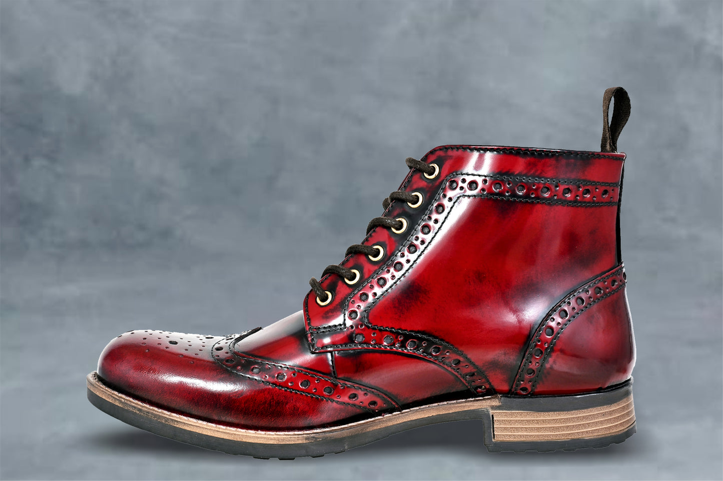 Burgundy Genuine Leather Men's brogue lace-up boots for Casual Wear