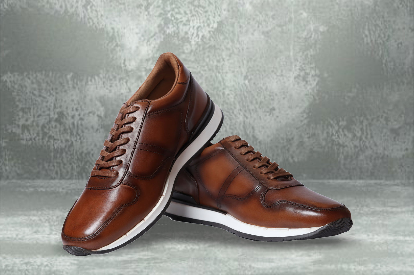 Dark Tan leather Lace-up Sneakers for Men