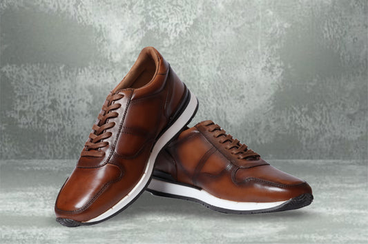 Dark Tan leather Lace-up Sneakers for Men