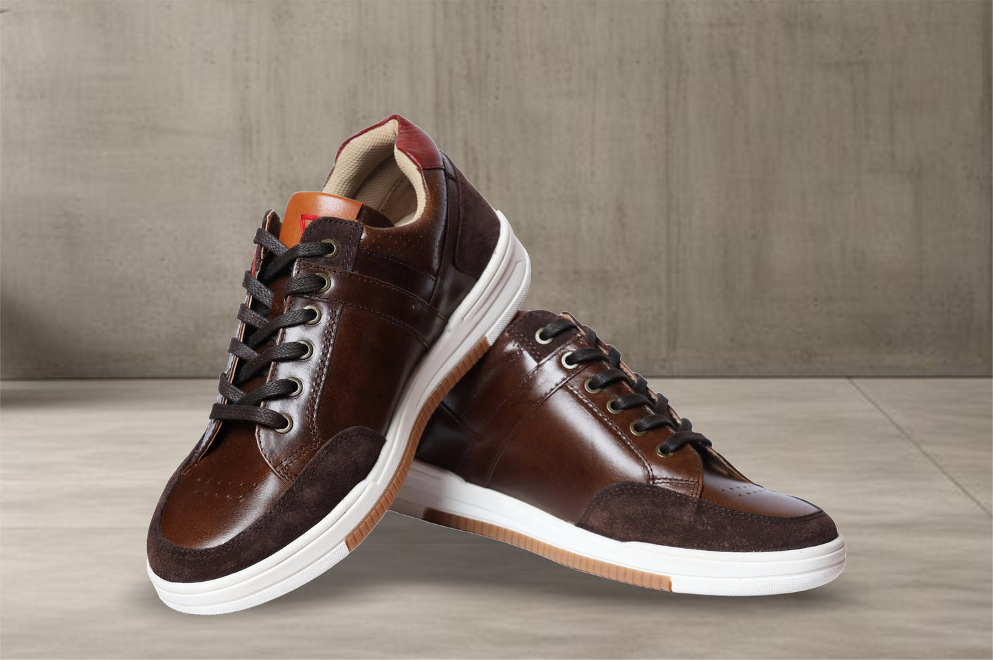 Brown & Red leather Lace-up Sneakers for Men