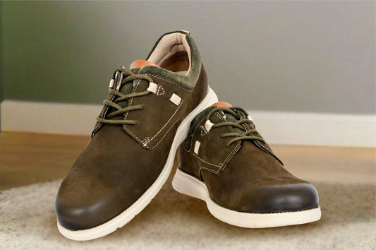 Olive Leather Men Round Toe Lightweight Nubuck Sneakers