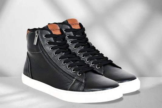 Black Genuine Leather Ankle Sneakers for Men