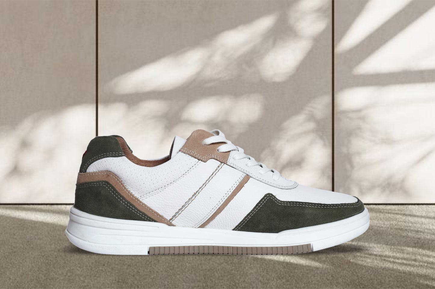 White & Olive leather Lace-up Sneakers for Men
