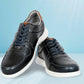 Navy Leather Men Perforations Round Toe Lightweight Sneakers