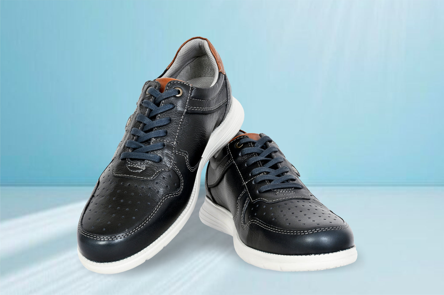 Navy Leather Men Perforations Round Toe Lightweight Sneakers
