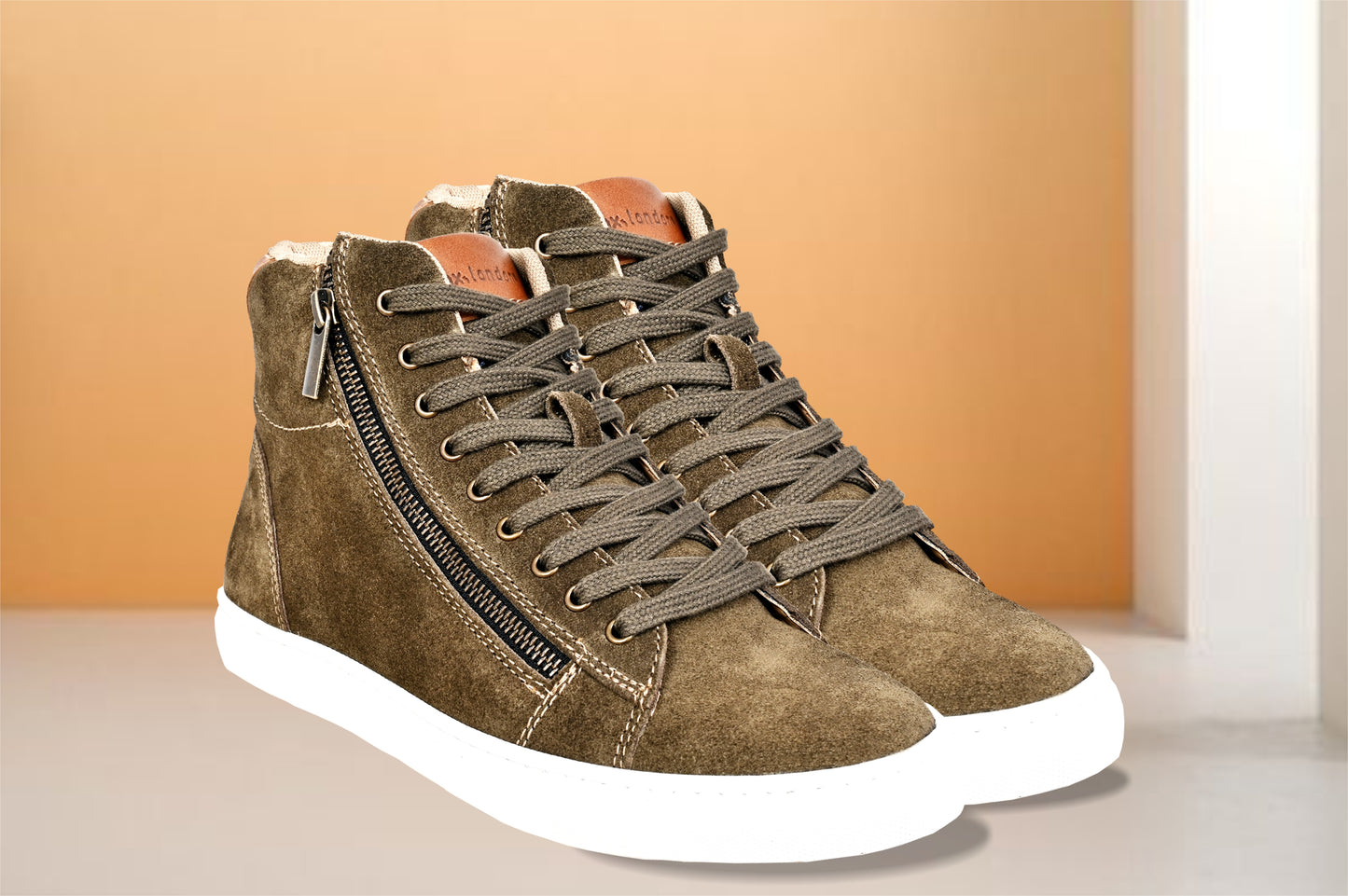 Olive Genuine Suede Leather Ankle Sneakers for Men