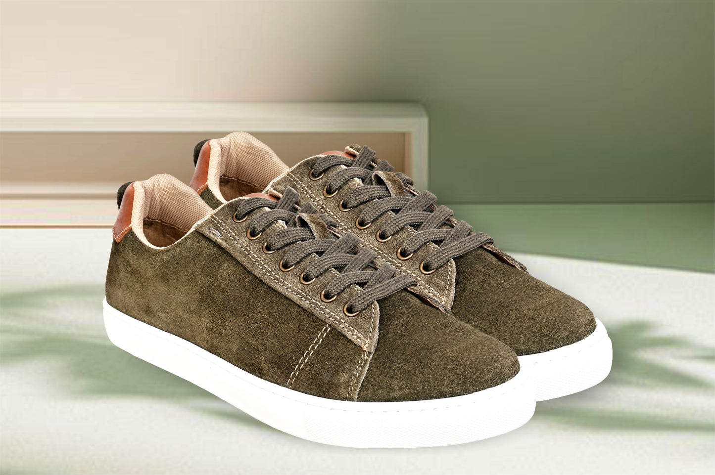 Olive Genuine Suede Leather Formal Lace-Up Sneakers For Men