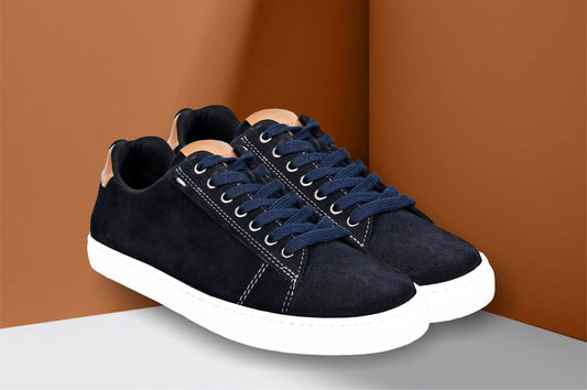 Navy Genuine Suede Leather Formal Lace-Up Sneakers For Men