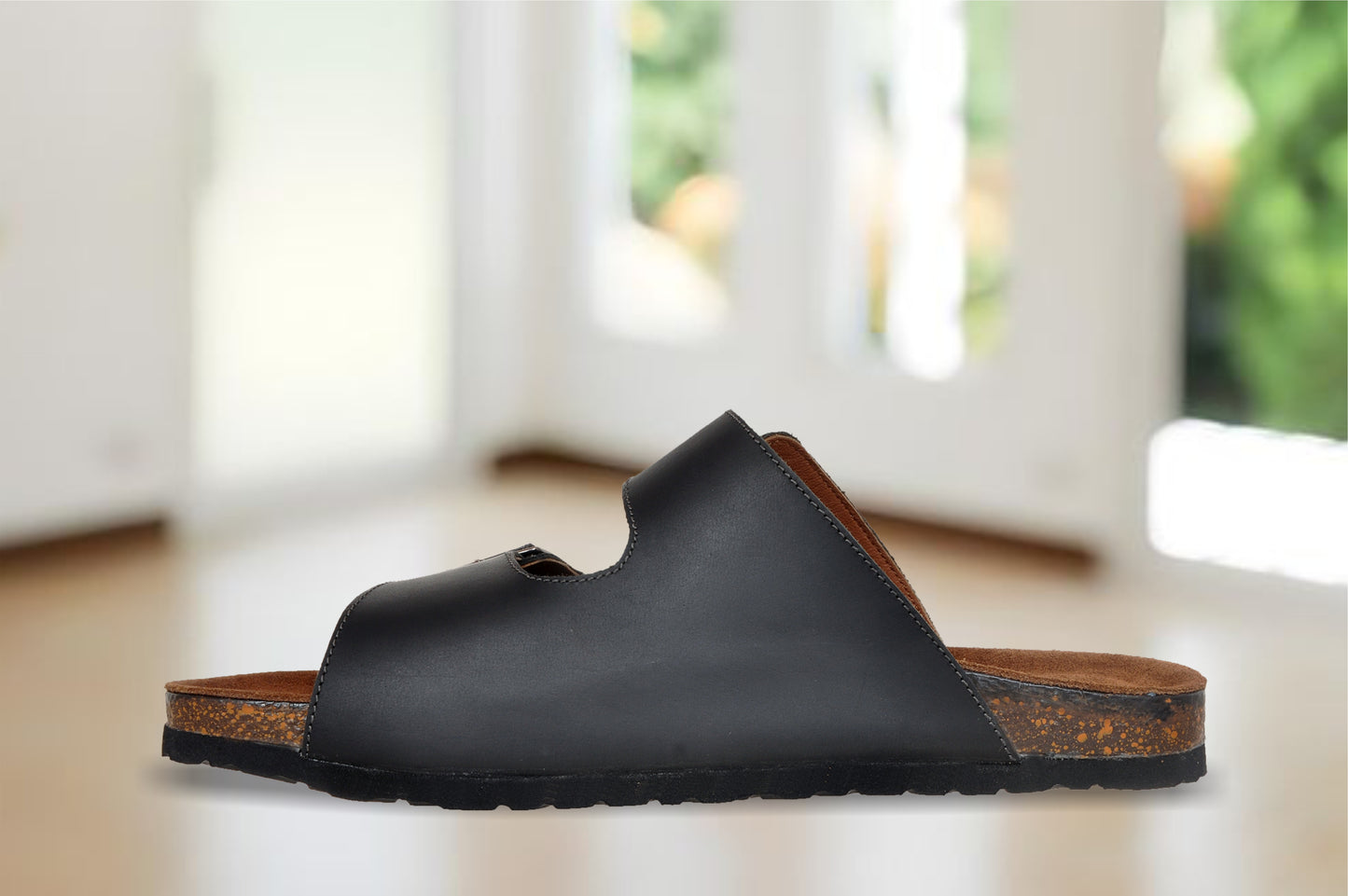 Black Leather Sandal Slip-on Casual Leather Flats For Men