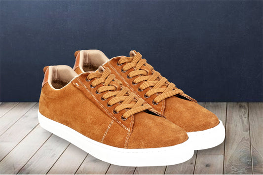 Camel Genuine Suede Leather Formal Lace-Up Sneakers For Men