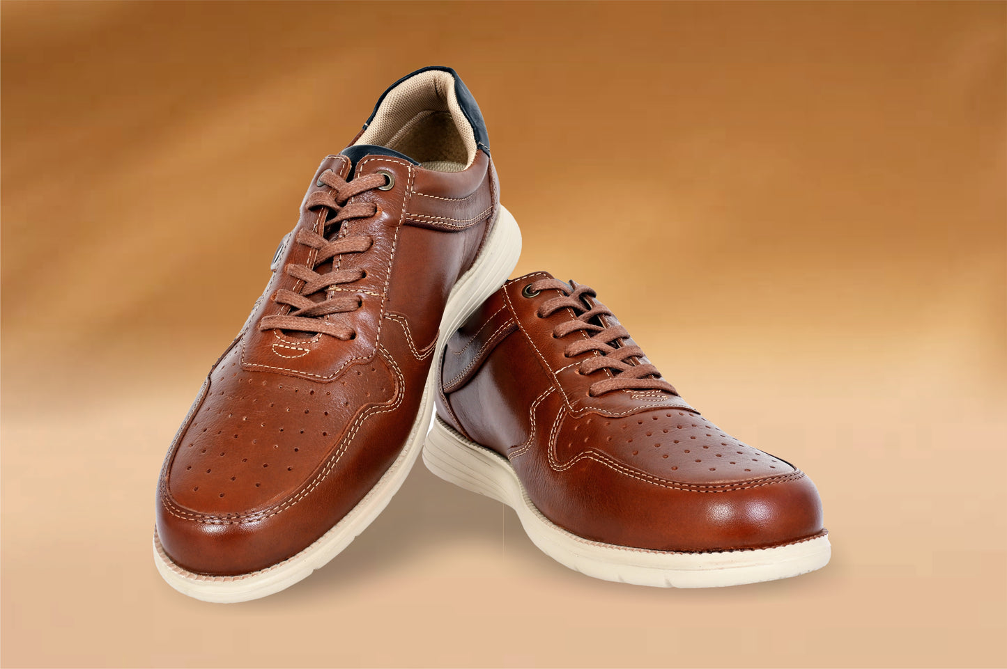 Tan Leather Men Perforations Round Toe Lightweight Sneakers