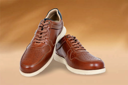 Tan Leather Men Perforations Round Toe Lightweight Sneakers
