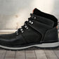 Black Leather Round Toe Mid Top Lace-Up Boots