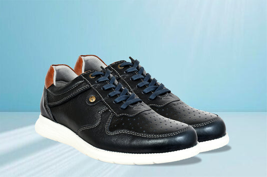Navy Leather Men Perforations Round Toe Lightweight Sneakers
