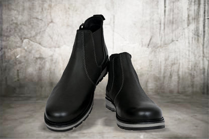 Black Leather Round Toe Mid Top Chelsea Boots