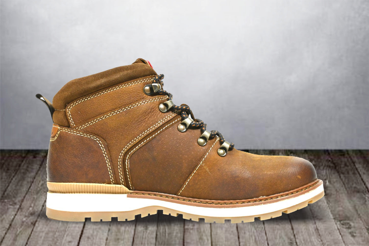 Tan Leather Round Toe Mid Top Lace-Up Boots