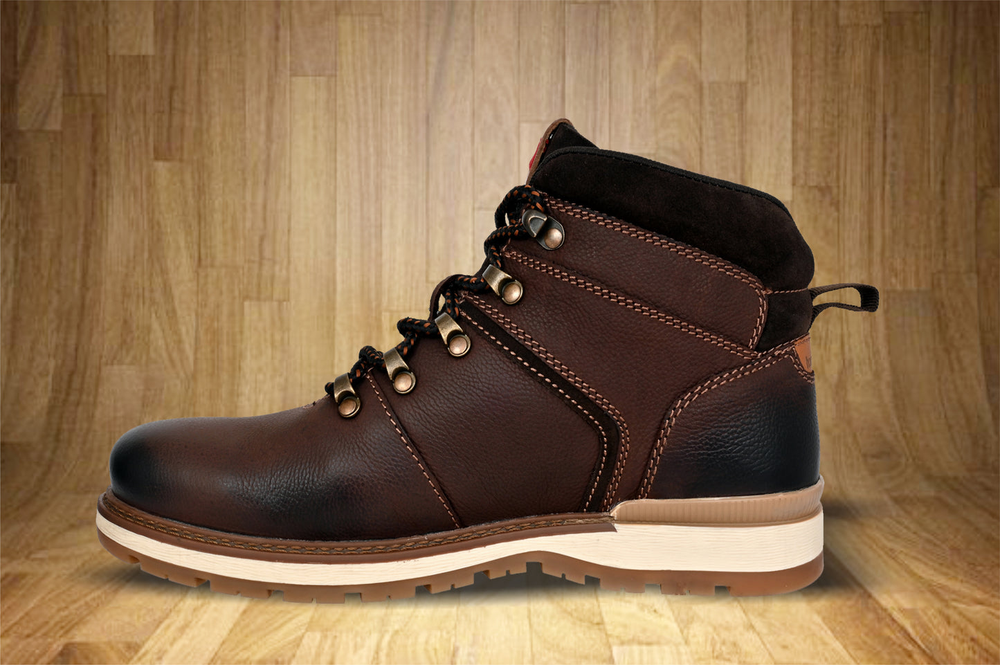 Brown Leather Round Toe Mid Top Lace-Up Boots