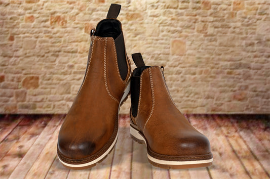 Tan Leather Round Toe Mid Top Chelsea Boots