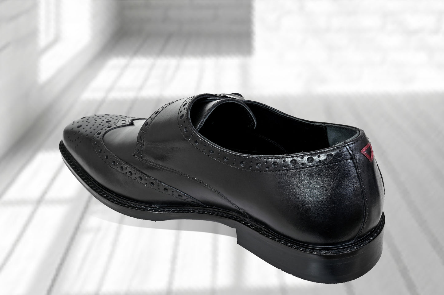 Black Leather Brogues Single Strap Formal Monk Shoes