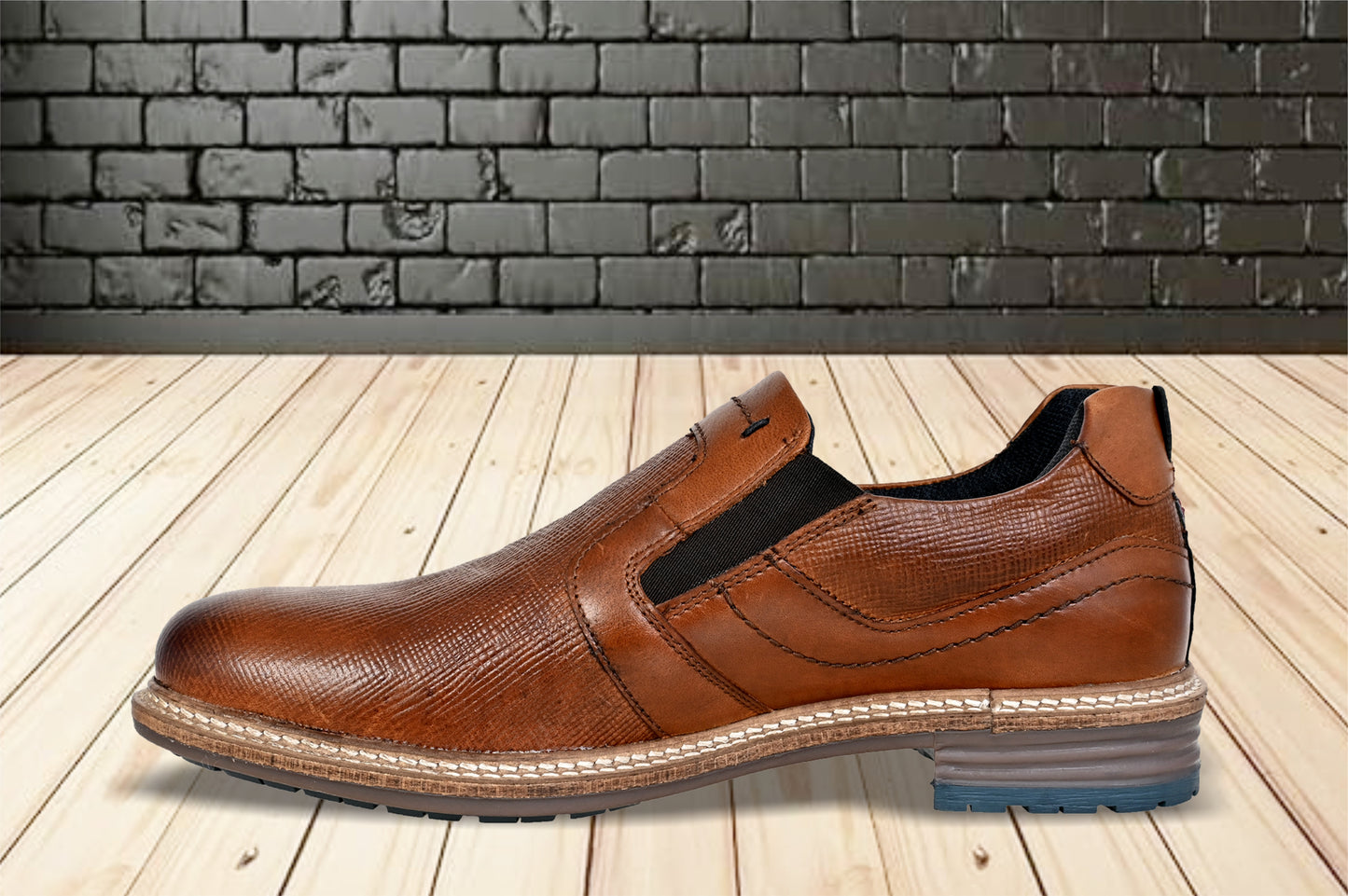 Tan Leather Textured Formal Slip-On Shoes