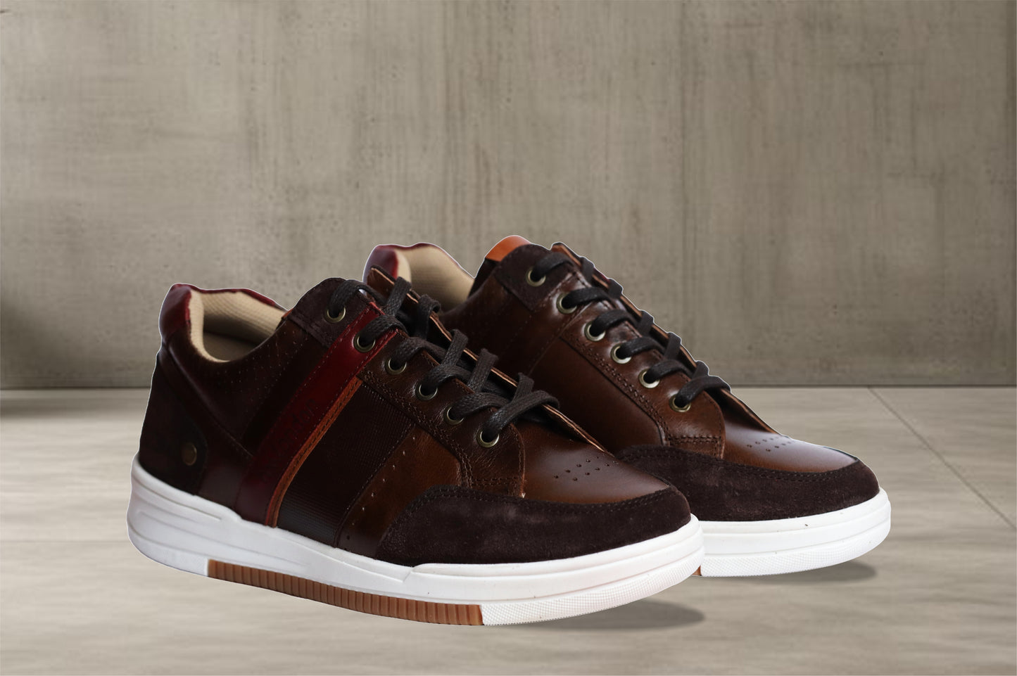 Brown & Red leather Lace-up Sneakers for Men