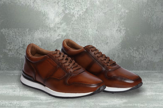 Dark Tan leather Lace-up Sneakers for Men