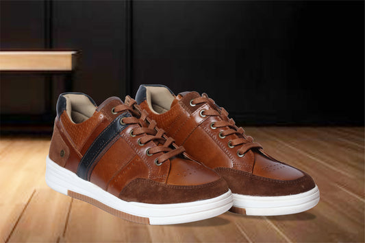 Tan & Navy leather Lace-up Sneakers for Men