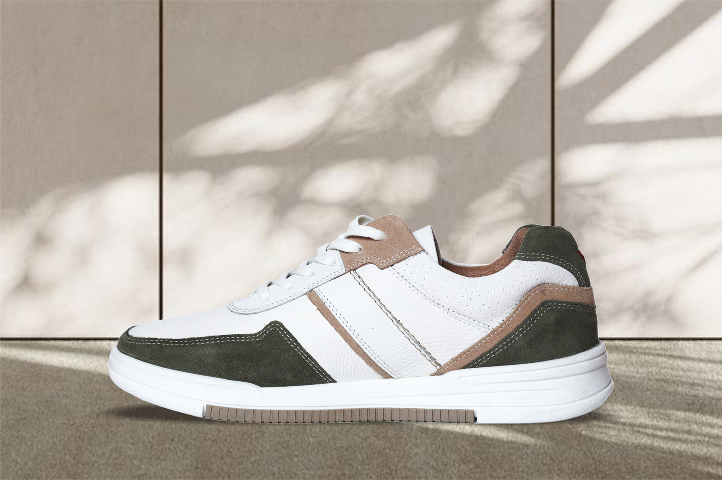 White & Olive leather Lace-up Sneakers for Men