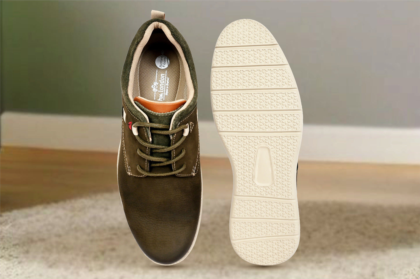 Olive Leather Men Round Toe Lightweight Nubuck Sneakers