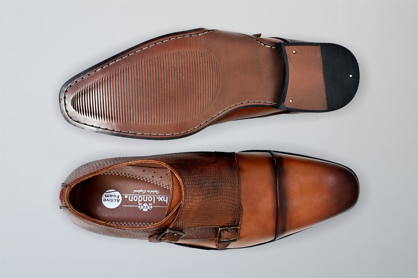 Tan Textured Leather Double Strap Formal Monk Shoes