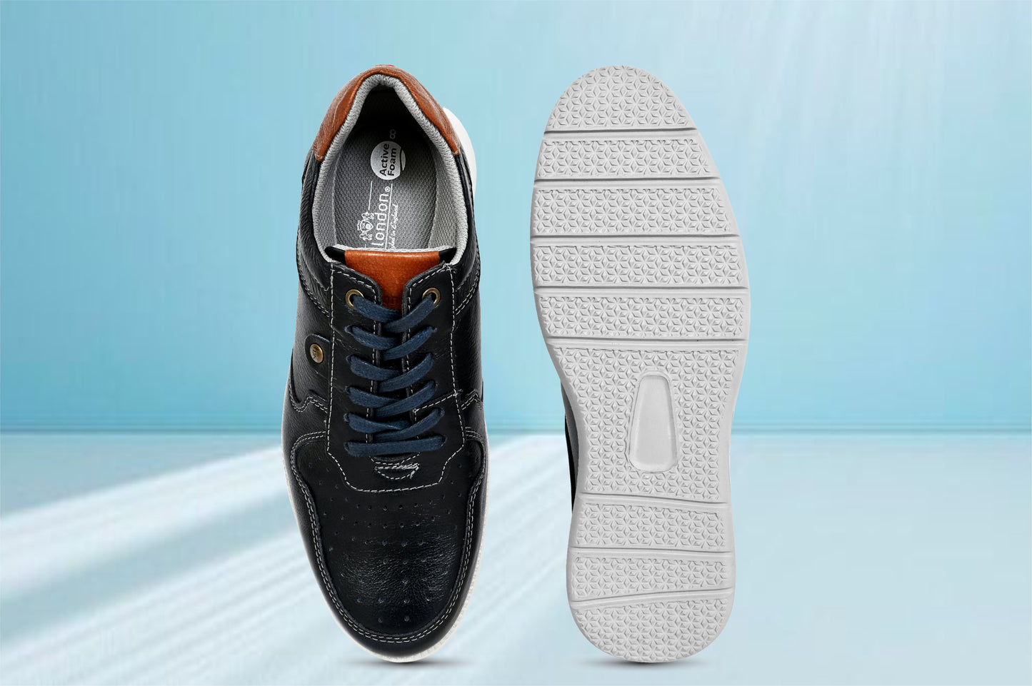 Navy Leather Men Perforations Round Toe Lightweight Sneakers