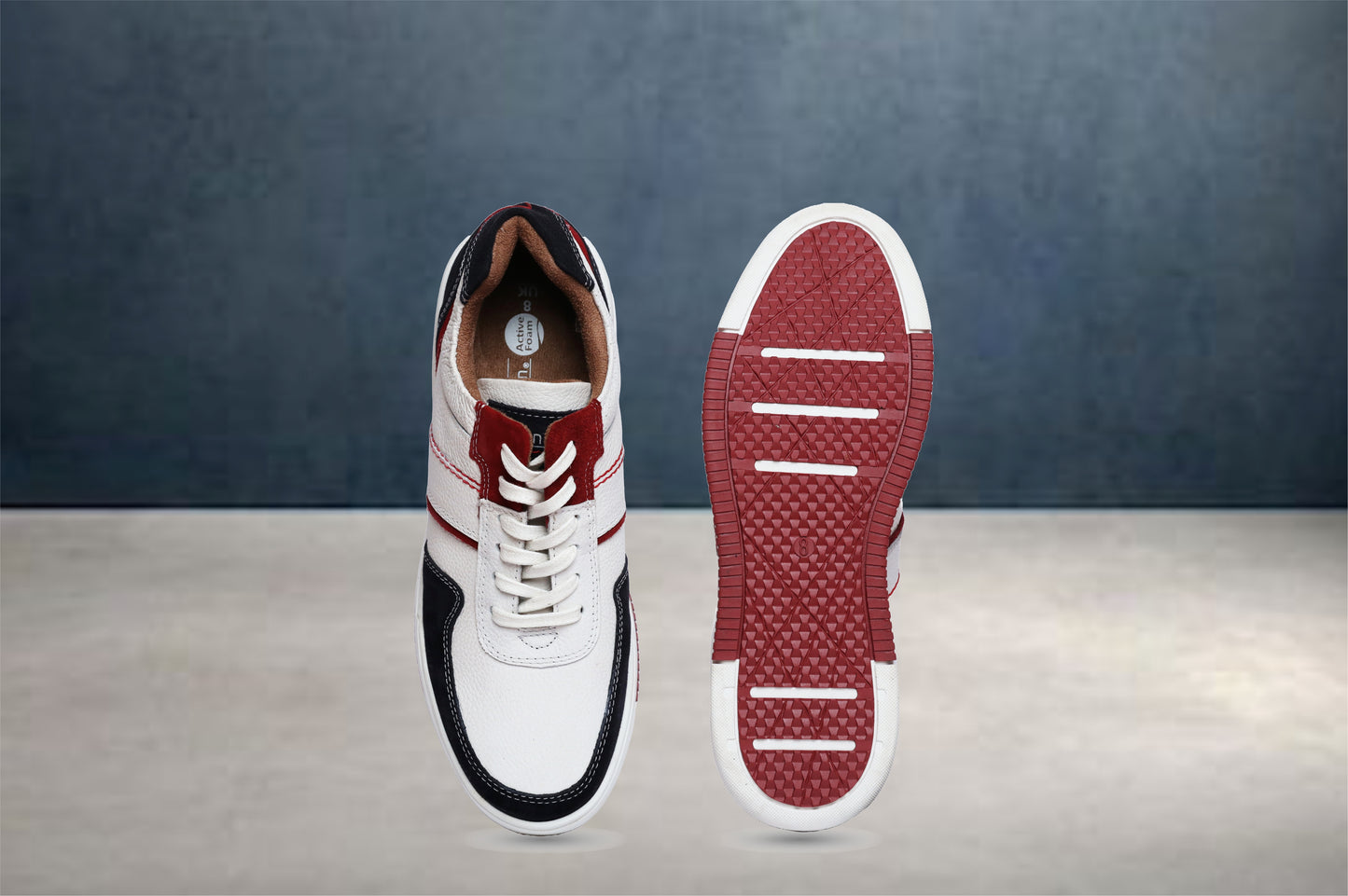 White & Blue leather Lace-up Sneakers for Men