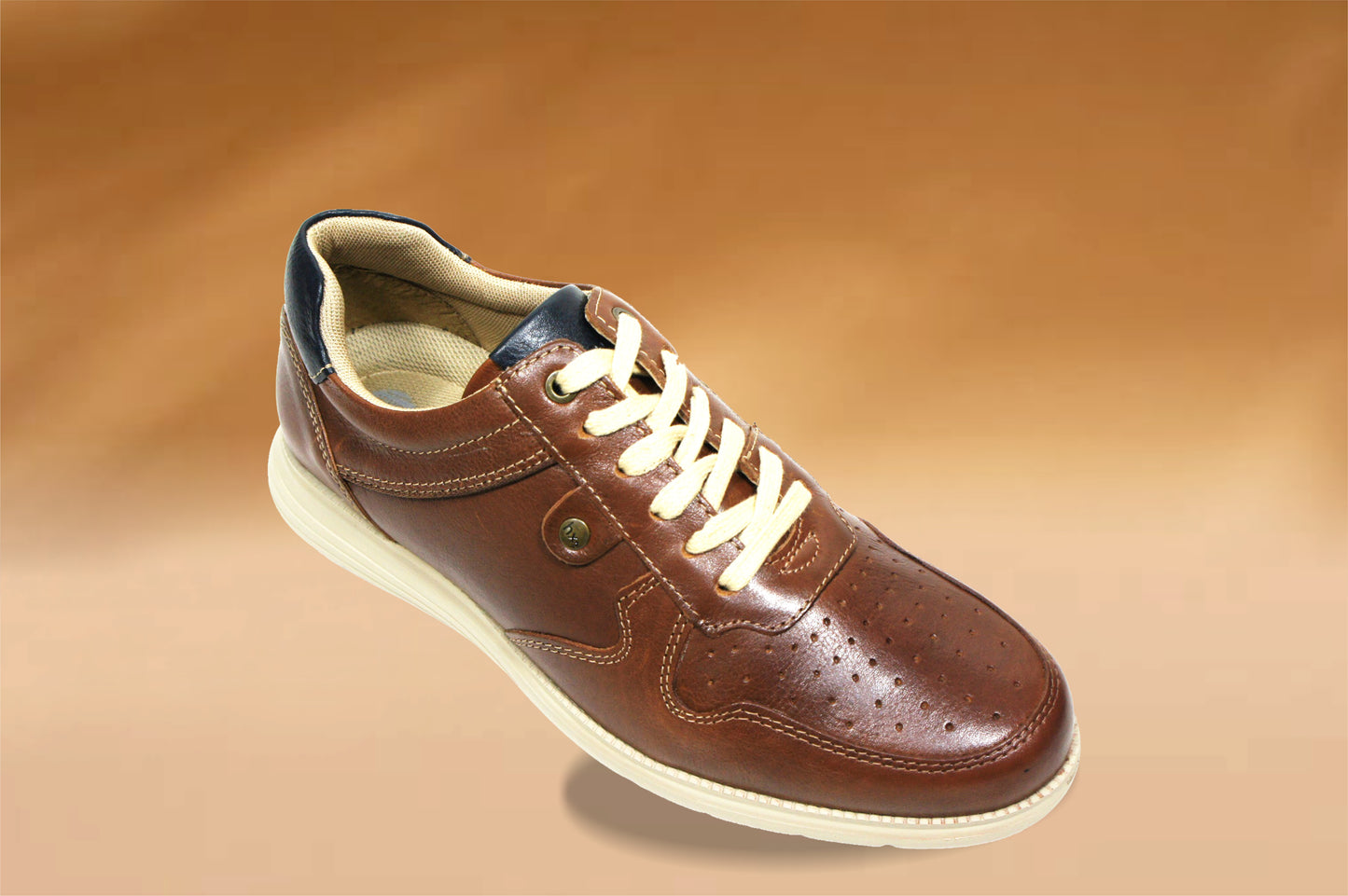 Tan Leather Men Perforations Round Toe Lightweight Sneakers