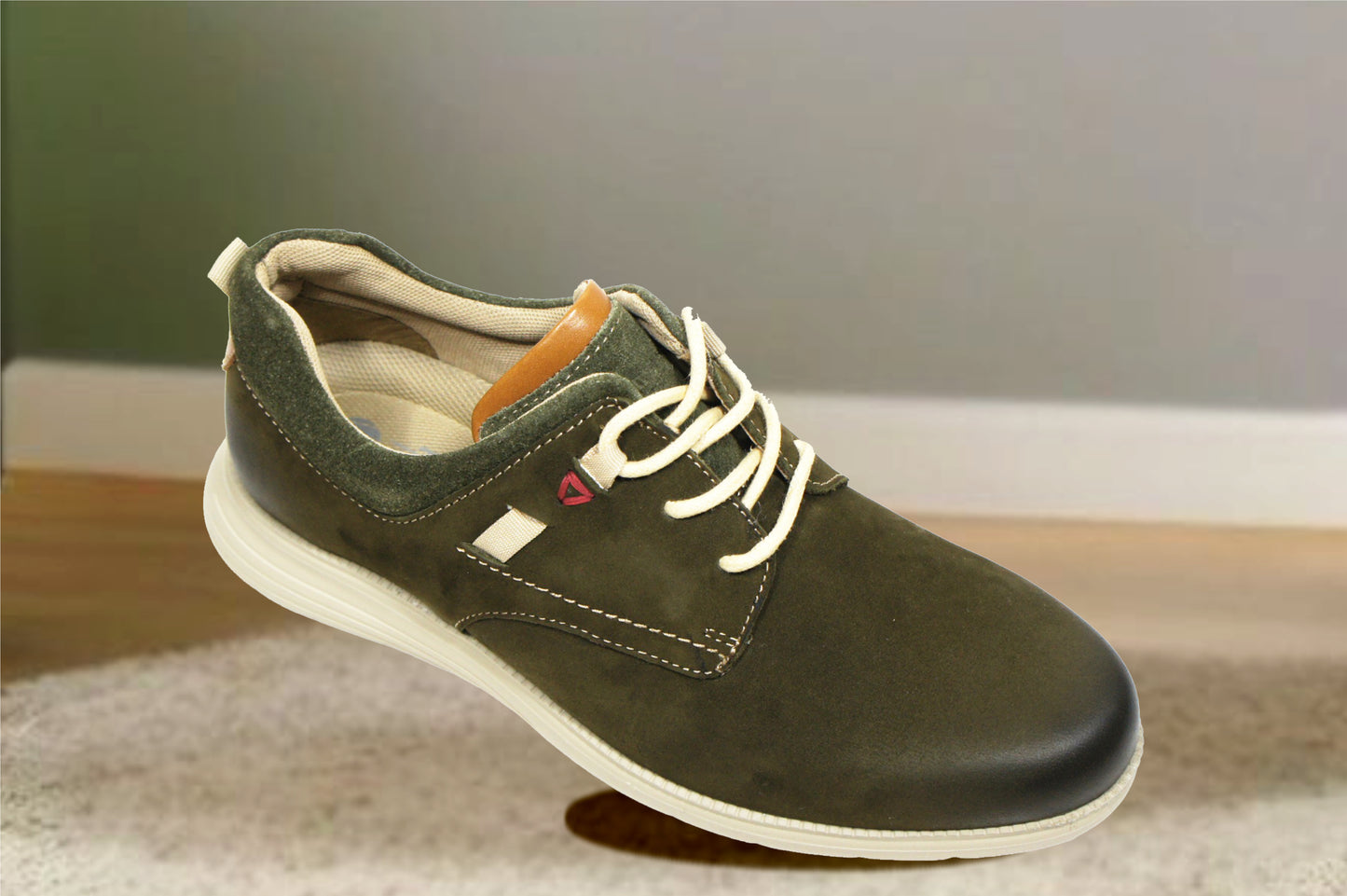 Olive Leather Men Round Toe Lightweight Nubuck Sneakers