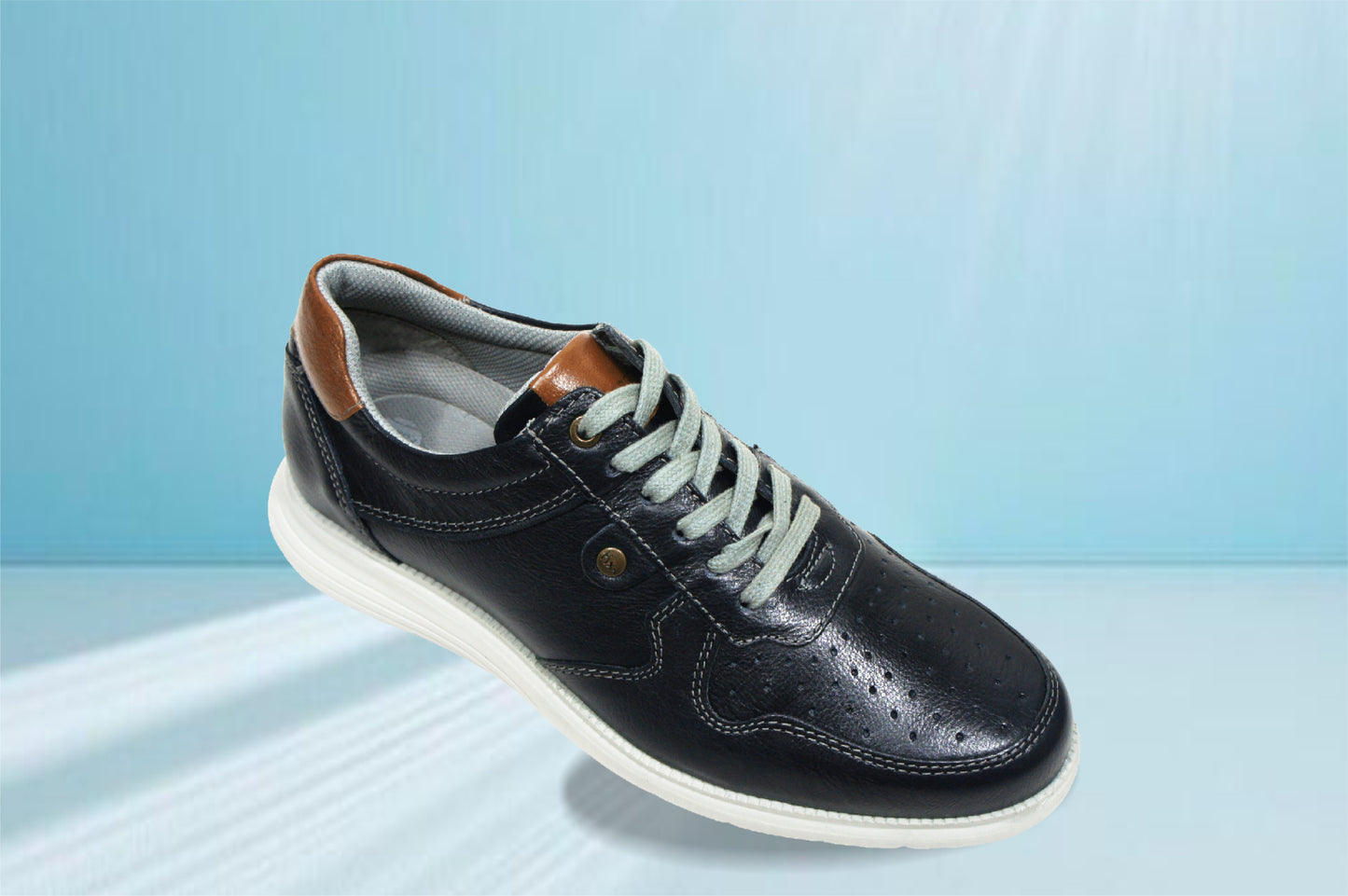 Navy Leather Men Perforations Round Toe Lightweight Sneakers