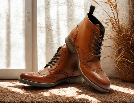 Tan Genuine Leather Men's brogue lace-up boots for Casual Wear