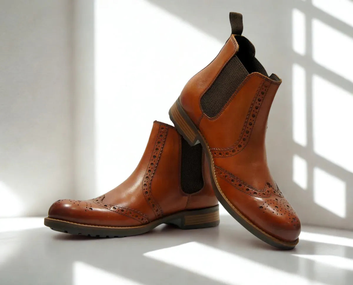 Tan Genuine Leather Men's brogue Chelsea Boots For Casual &