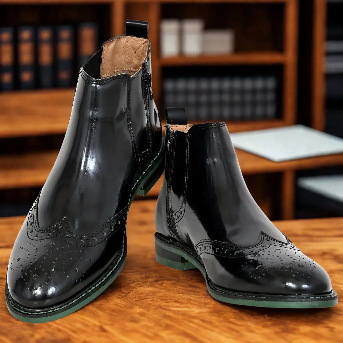 Black Brush-Off Leather Brogues Mid Top Blocked Heel Regular