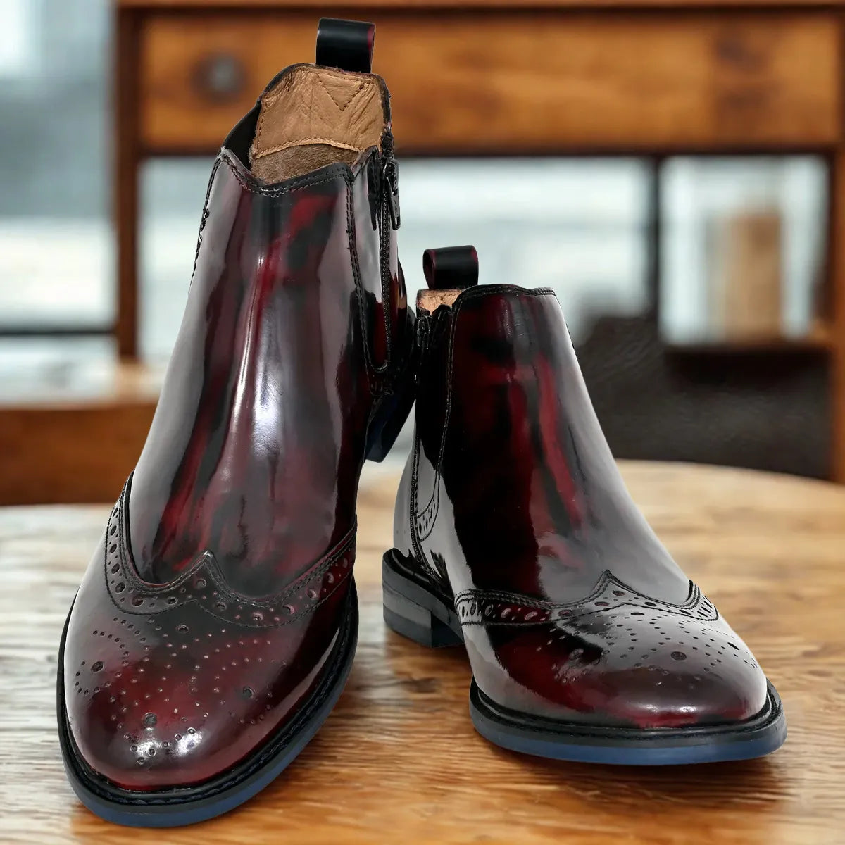 Cherry Brush-Off Leather Brogues Mid Top Blocked Heel Regular Boots