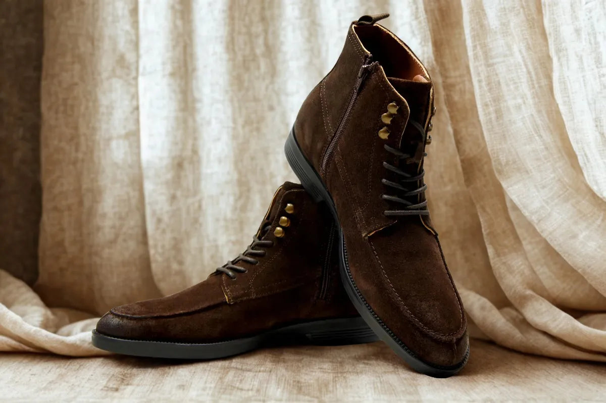 Brown Genuine Suede Leather Biker Boots For Men