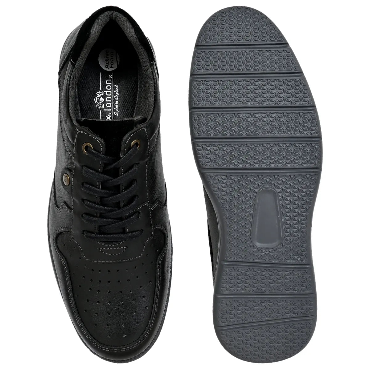 Black Leather Men Perforations Round Toe Lightweight Sneaker