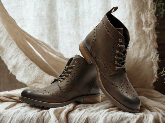 Brown Genuine Leather Men's brogue lace-up boots for Casual Wear