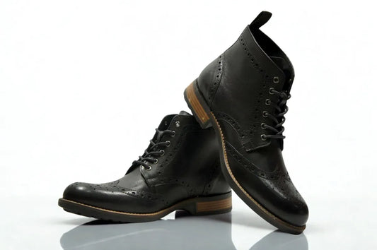 Black Genuine Leather Men's brogue lace-up boots for Casual Wear